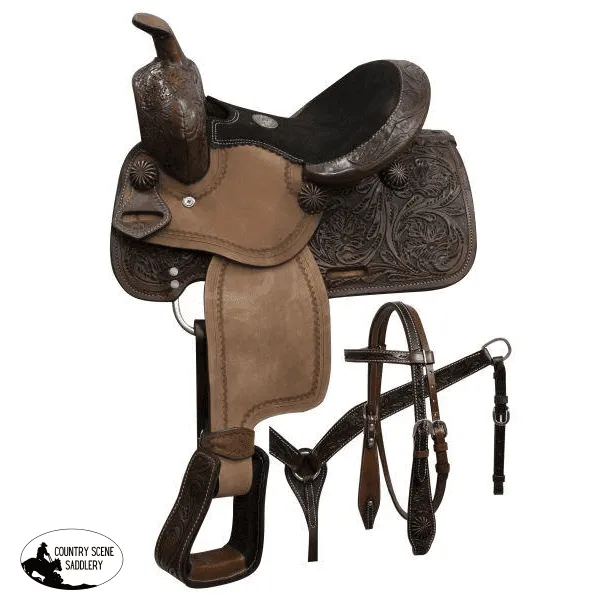 10" Double T pony saddle set with copper colored starburst conchos.