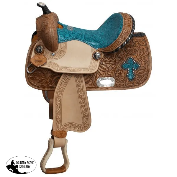 13" Double T  Barrel style saddle with teal snake print seat and cross inlay.