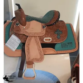 13" Double T  Barrel style saddle with teal snake print seat and cross inlay.