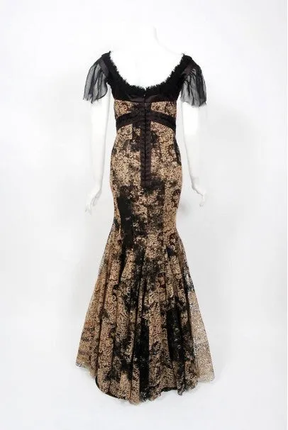 2002 Alexander McQueen Lifetime Runway Lace & Metallic Silk Corset Fishtail Gown