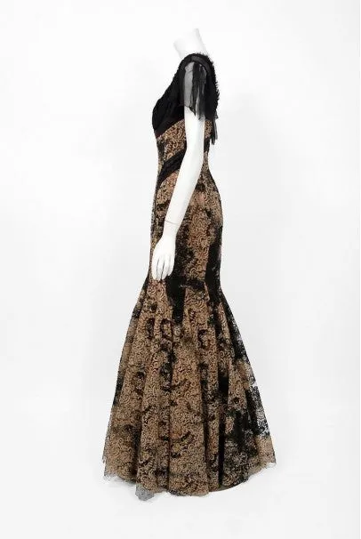 2002 Alexander McQueen Lifetime Runway Lace & Metallic Silk Corset Fishtail Gown