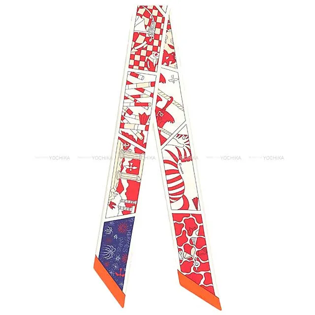 2023 SS NEW HERMES scarf Twilly HERMES Factory Suite Rouge/Blanc(White)/Blue Silk100%[BRAND NEW][Authentic]