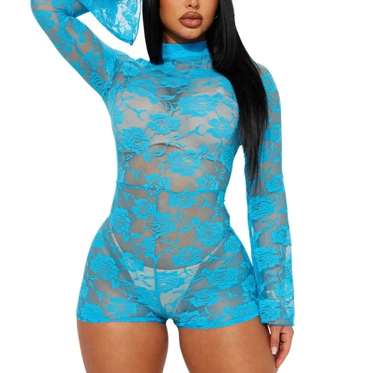 2024 Sexy See Through Flower Lace Jumpsuits New Long Sleeve Women One piece Romper For Party Night Club Bodycon Outfits