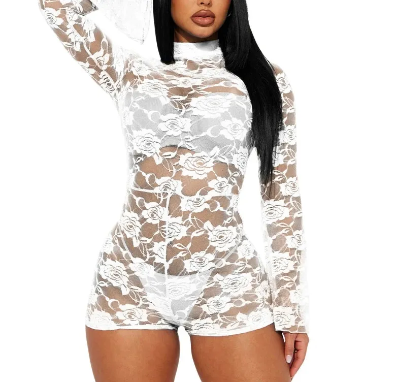 2024 Sexy See Through Flower Lace Jumpsuits New Long Sleeve Women One piece Romper For Party Night Club Bodycon Outfits