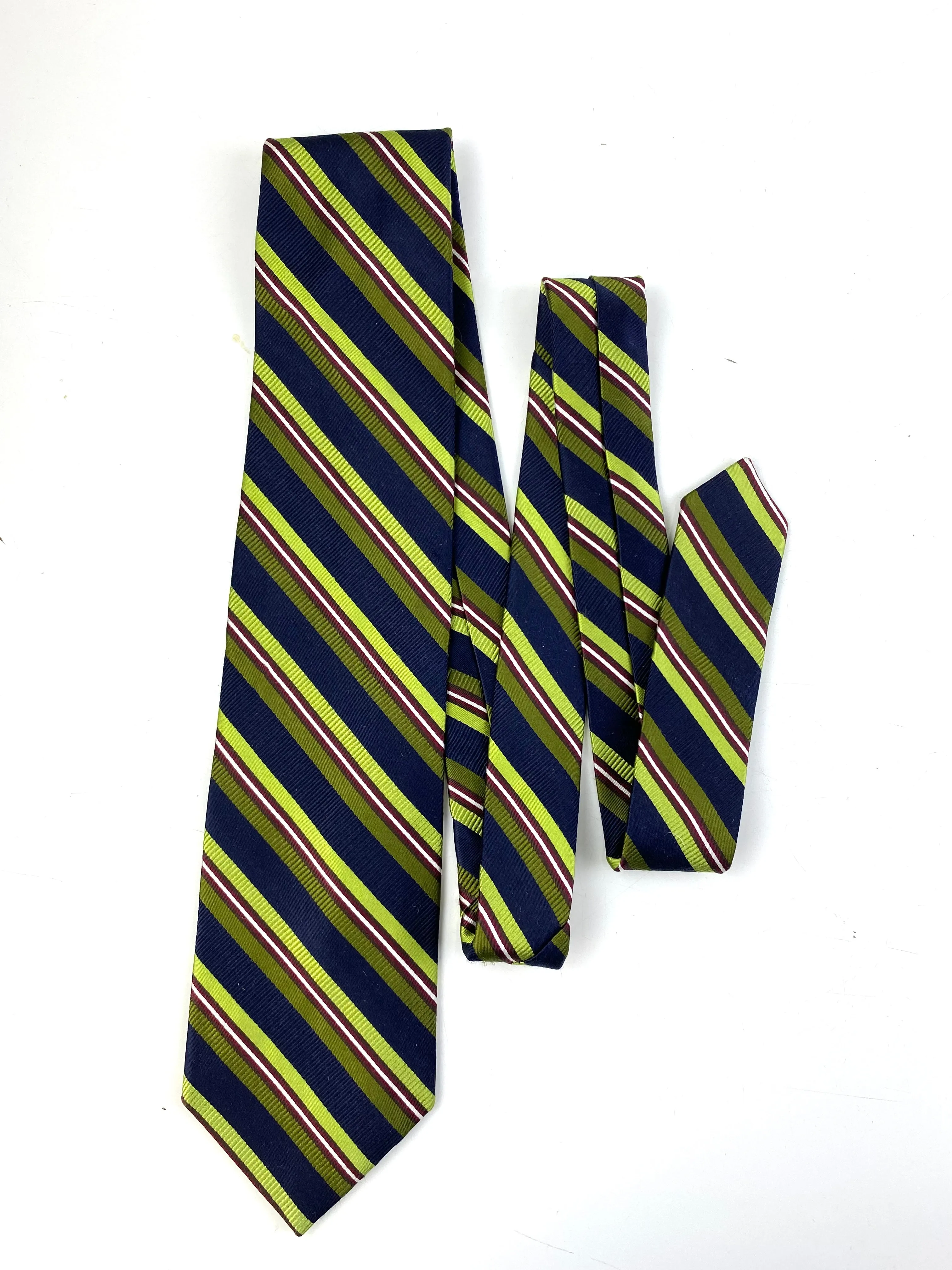 90s Deadstock Silk Necktie, Men's Vintage Green/ Navy/ Wine Regimental Stripe Pattern Tie, NOS