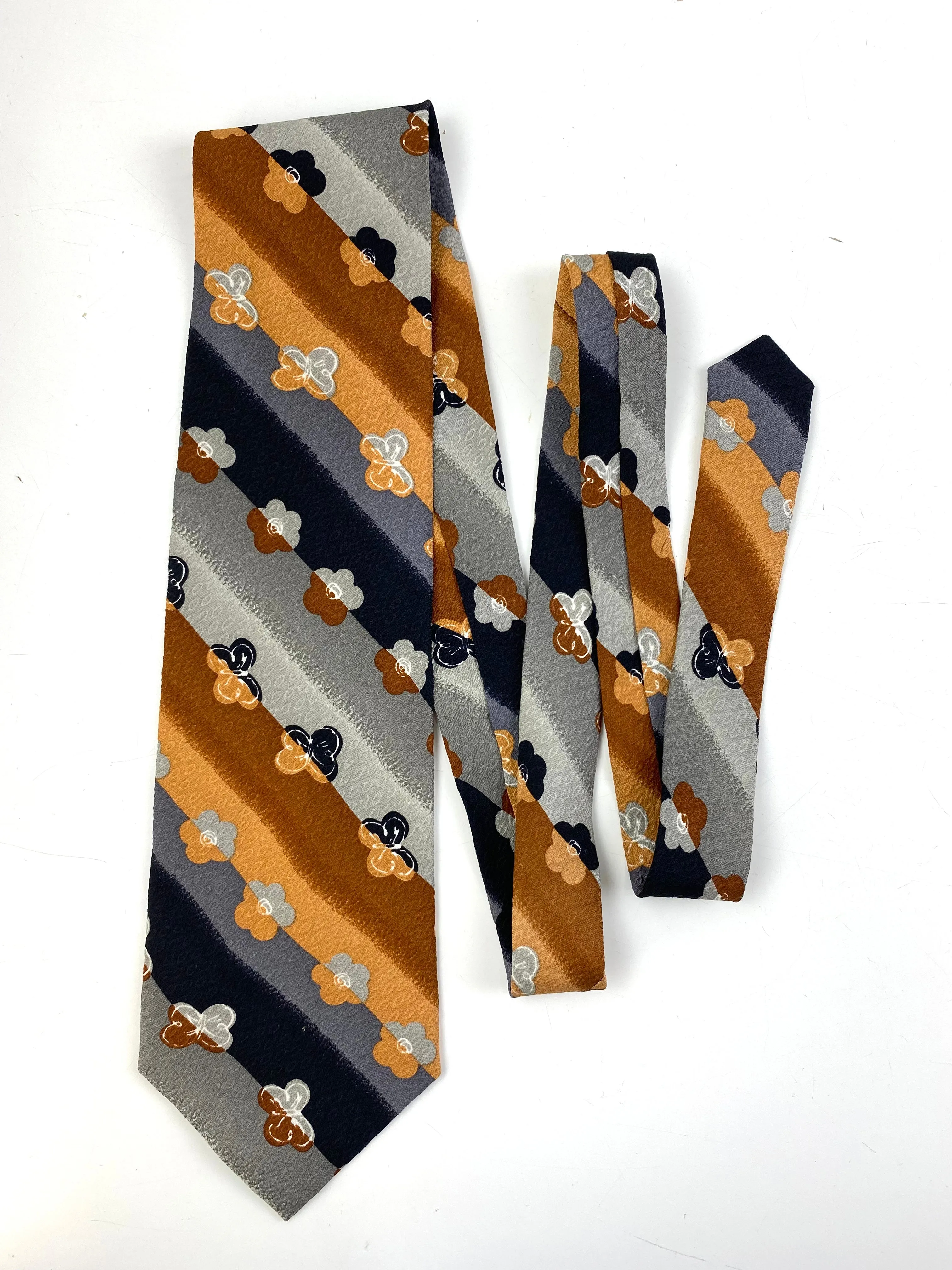 90s Deadstock Silk Necktie, Men's Vintage Grey/ Brown Floral Butterfly Diagonal Stripe Pattern Tie, NOS