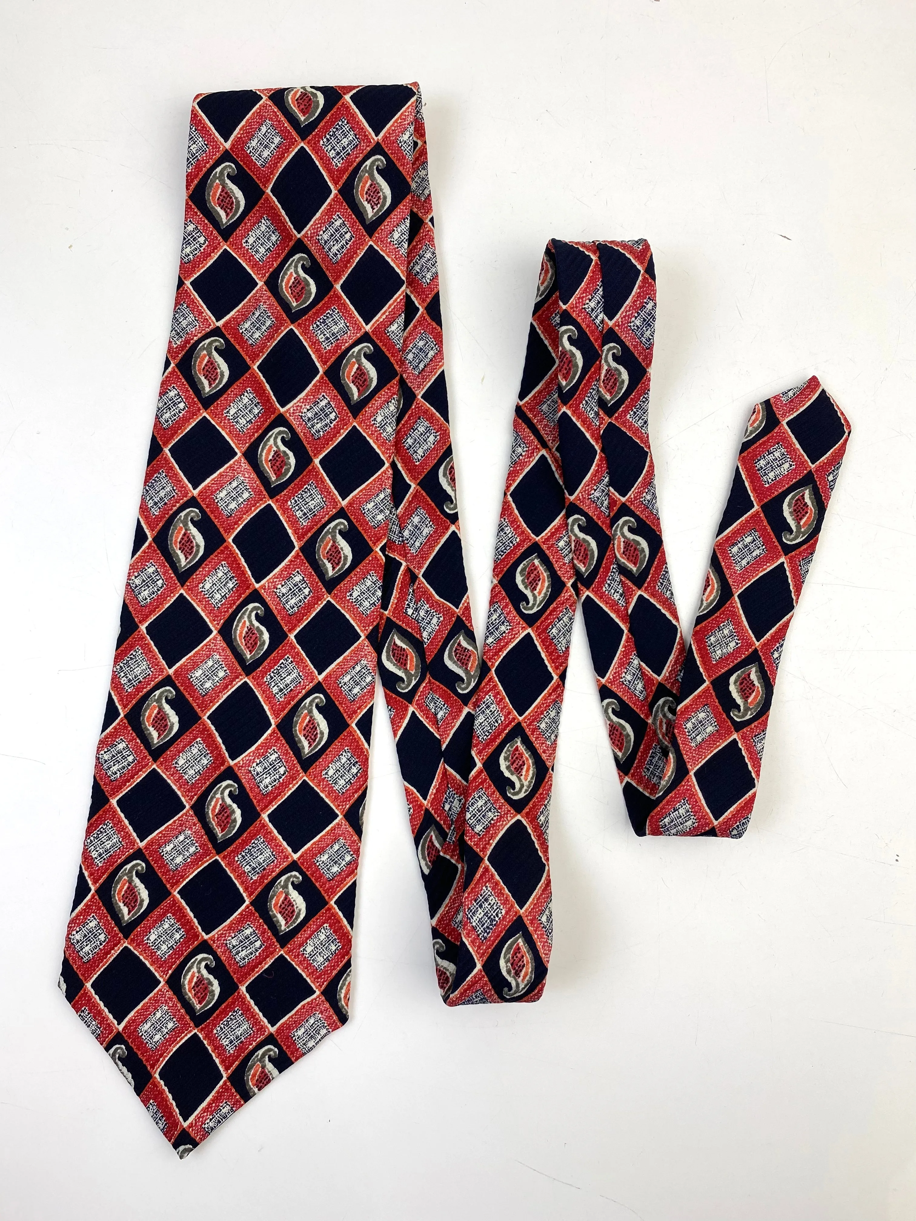 90s Deadstock Silk Necktie, Men's Vintage Red/Blue Check Boteh Pattern Tie, NOS