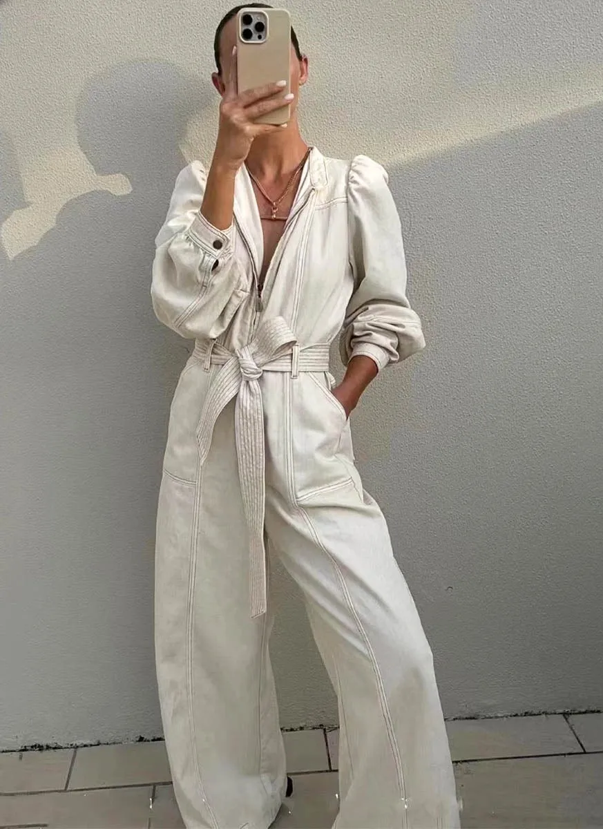 9240019 Denim Zipper Jumpsuits *White