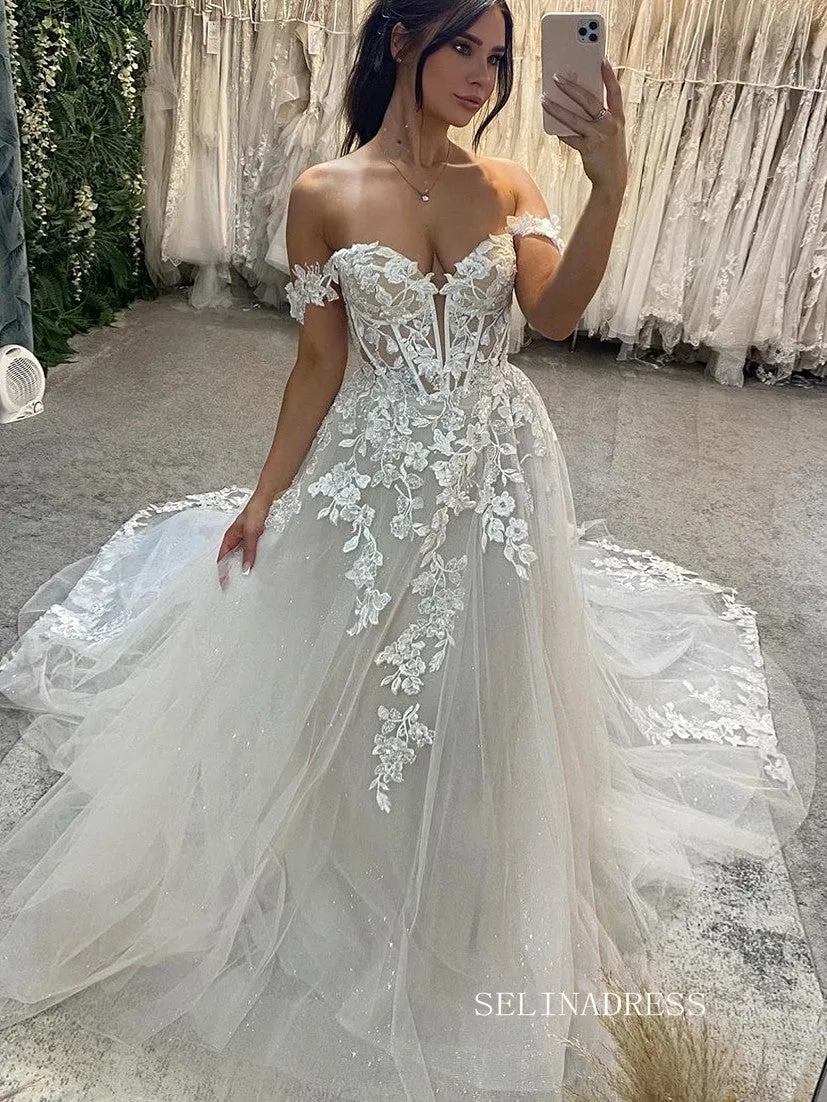 A-line Off-the-shoulder Applique Beaded Wedding Dress Rustic Wedding Gown KTC029