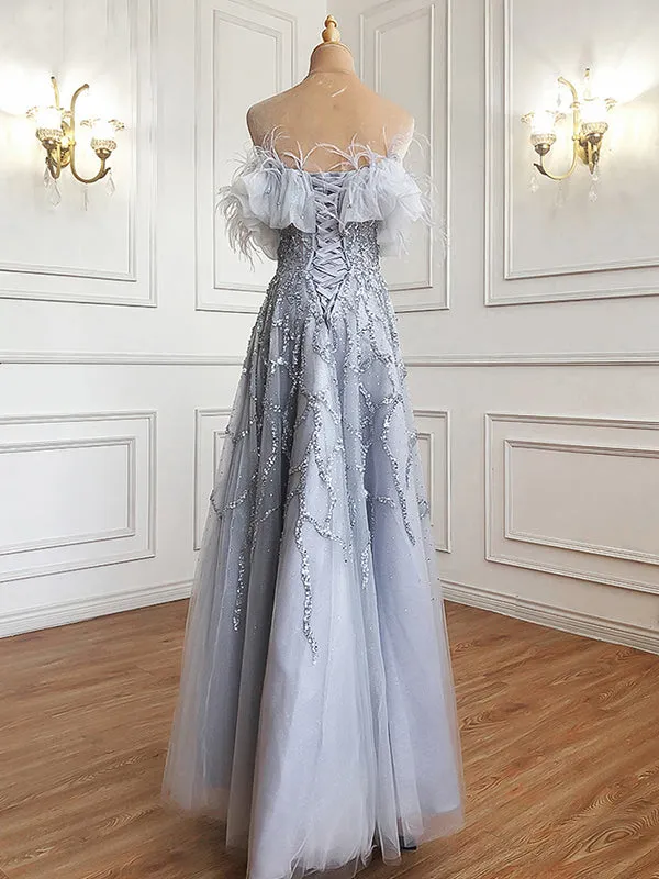 A-line Off-the-shoulder Gray Sparkly Prom Dress luxury  Evening Formal Gown hlks007