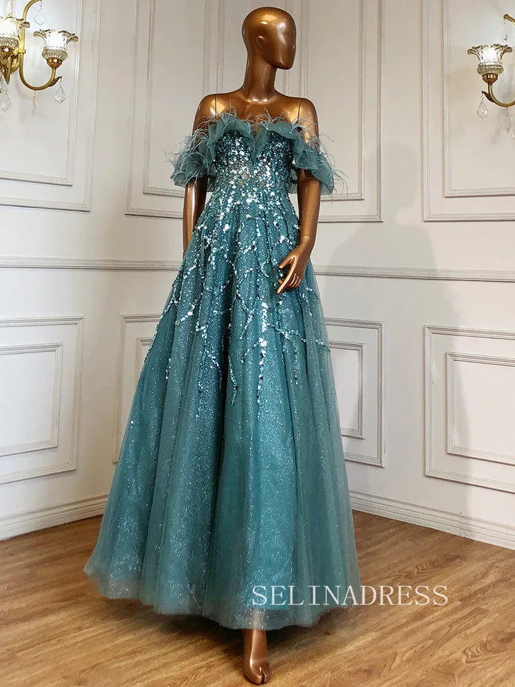 A-line Off-the-shoulder Gray Sparkly Prom Dress luxury  Evening Formal Gown hlks007