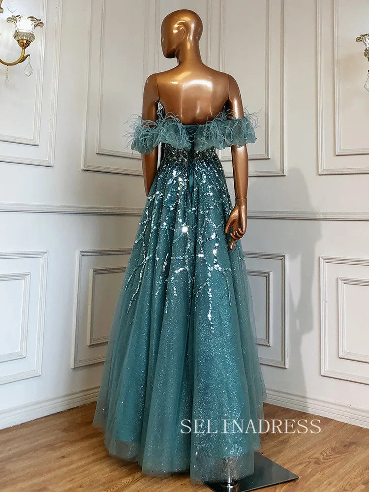 A-line Off-the-shoulder Gray Sparkly Prom Dress luxury  Evening Formal Gown hlks007