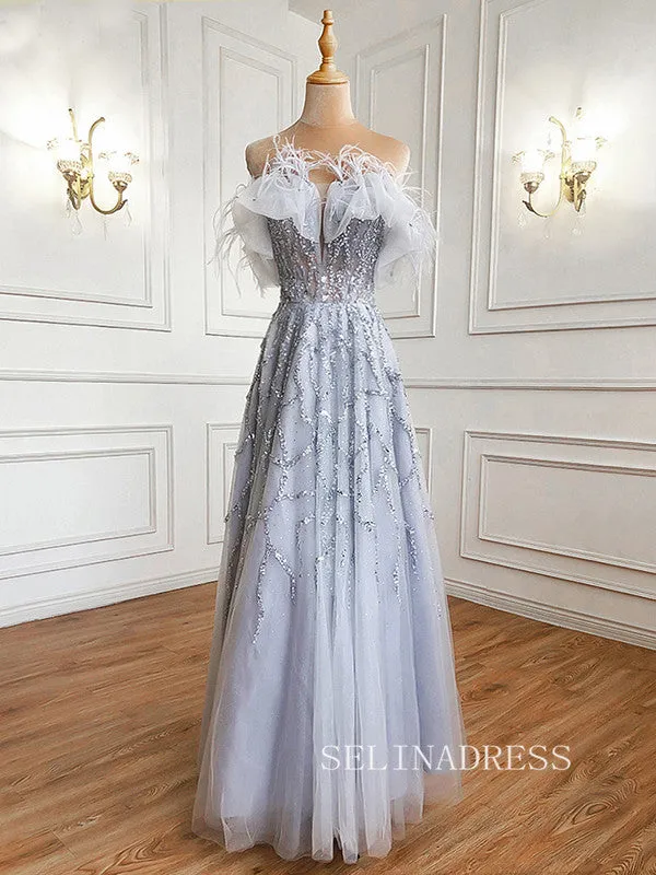 A-line Off-the-shoulder Gray Sparkly Prom Dress luxury  Evening Formal Gown hlks007