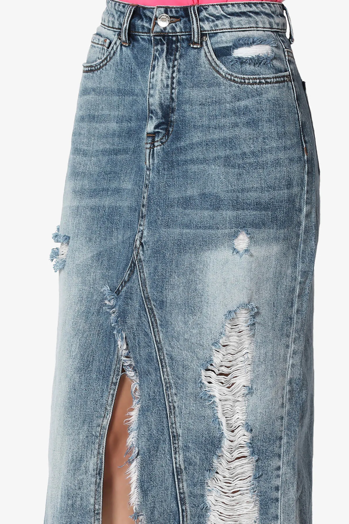 Abigail Distressed Front Slit Denim Long Skirt