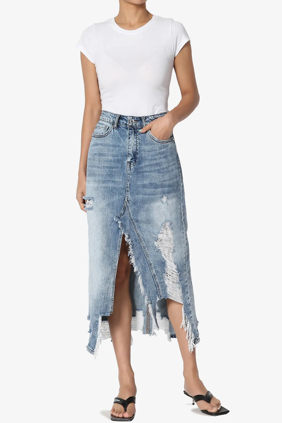 Abigail Distressed Front Slit Denim Long Skirt