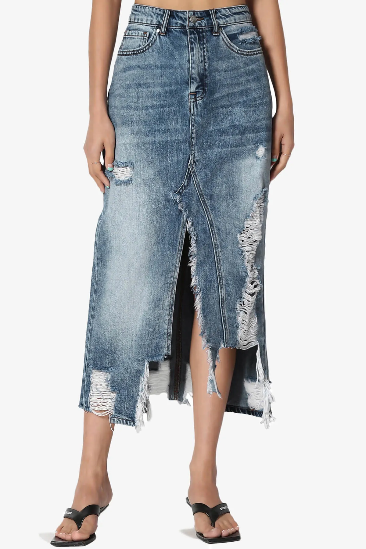 Abigail Distressed Front Slit Denim Long Skirt