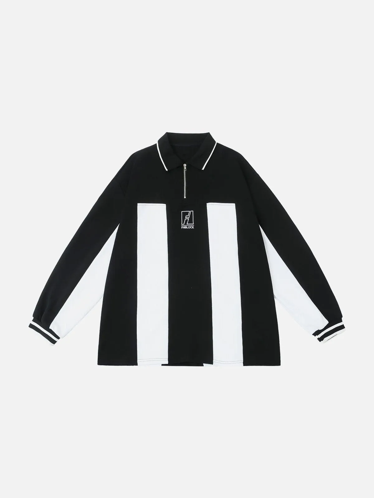 AlanBalen® - Embroidered Vertical Stripe Paneled Polo Sweatshirt