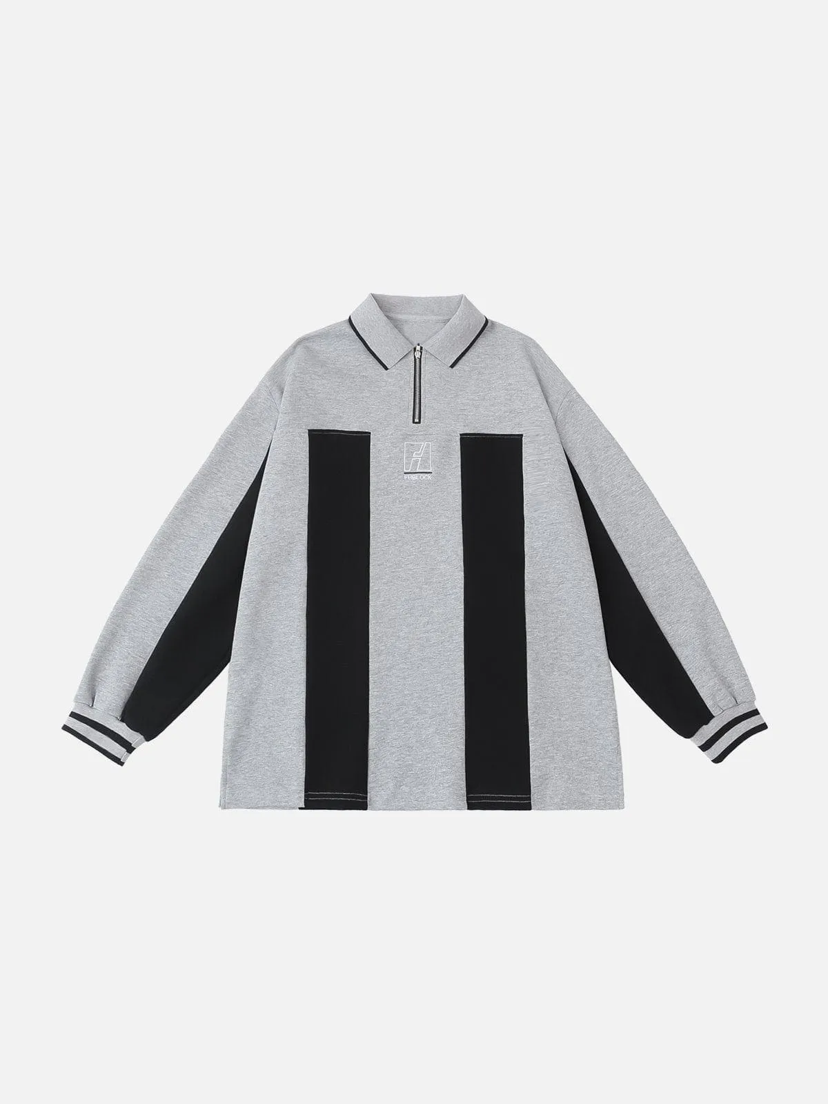 AlanBalen® - Embroidered Vertical Stripe Paneled Polo Sweatshirt