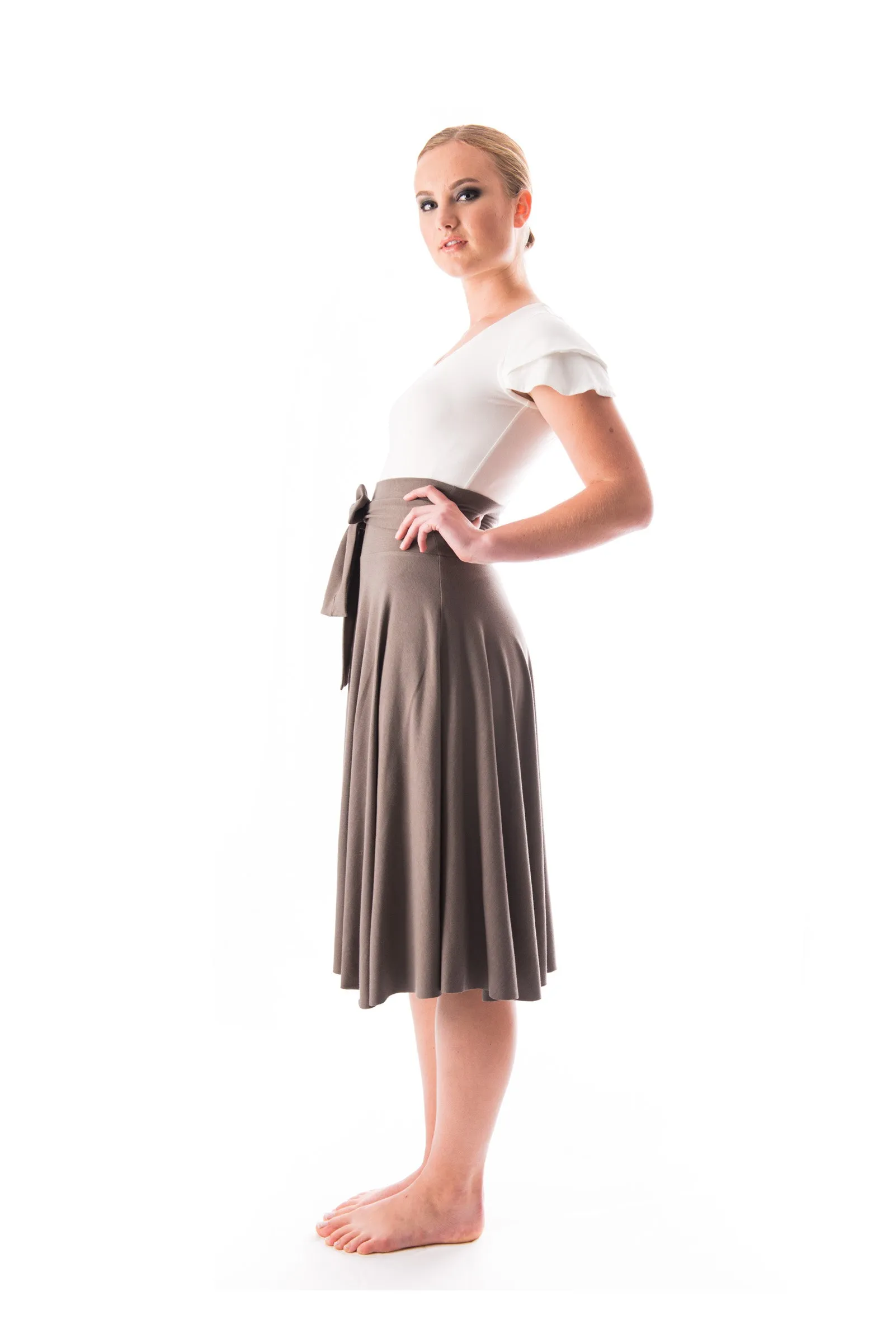 Andrea bamboo and organic cotton jersey midi circle skirt with a built in tie belt