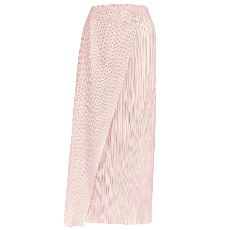 Asymmetrical Button Down Solid Pleated Long Skirt