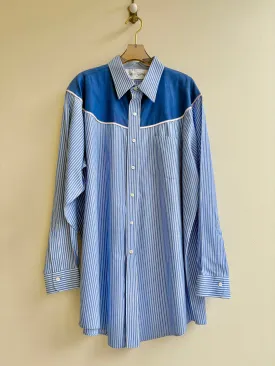 Austin Top | Blue & White Striped Button Down Top w/ Dark Blue Shoulder Accent (Reworked)