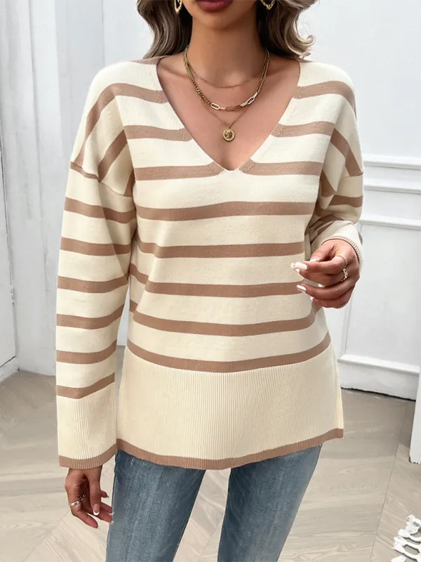 Autumn and winter women's loose contrast color v-neck long-sleeved sweater