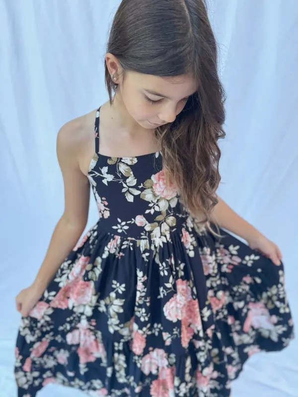 Ava Girls Floral Maxi Dress Navy Blue