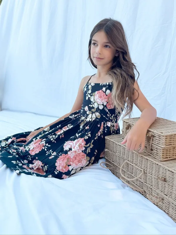 Ava Girls Floral Maxi Dress Navy Blue