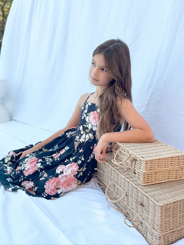 Ava Girls Floral Maxi Dress Navy Blue