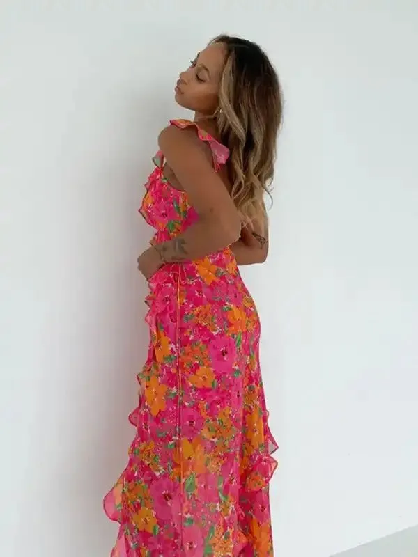 Backless long skirt slit strap ruffle dress