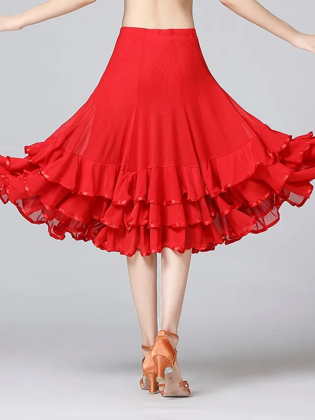 Ballroom Waltz Modern Dancing Latin Dance Skirts Pleats Cascading Ruffles Wave-like Women's Training Performance Natural Mesh Milk Fiber