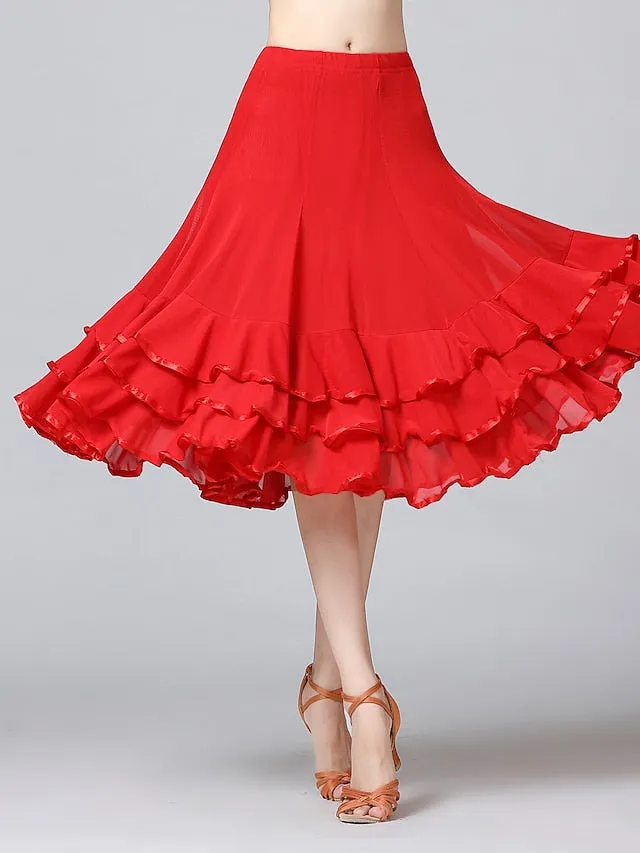 Ballroom Waltz Modern Dancing Latin Dance Skirts Pleats Cascading Ruffles Wave-like Women's Training Performance Natural Mesh Milk Fiber