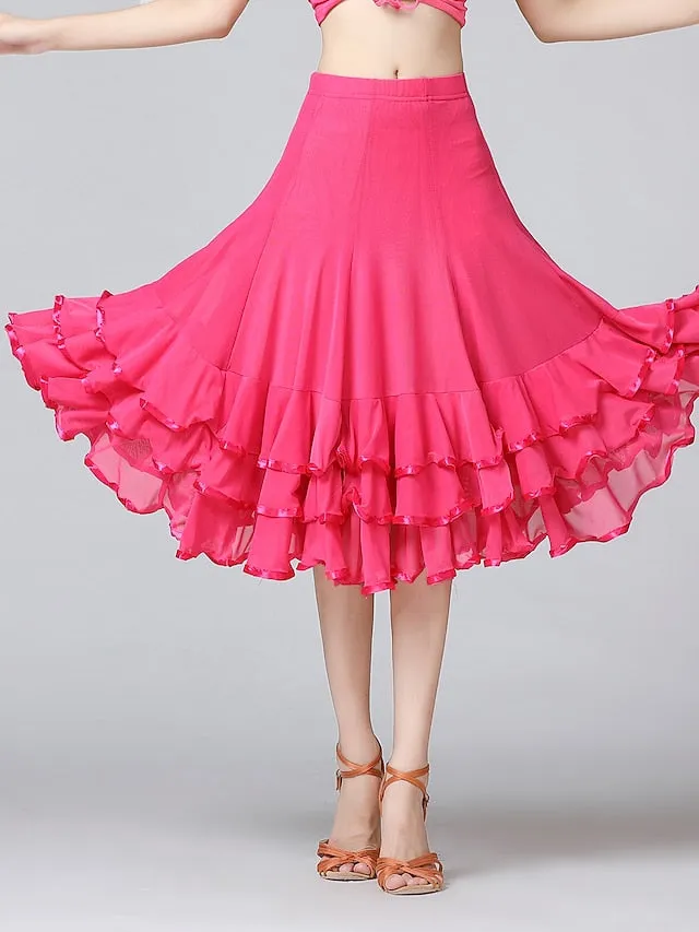 Ballroom Waltz Modern Dancing Latin Dance Skirts Pleats Cascading Ruffles Wave-like Women's Training Performance Natural Mesh Milk Fiber