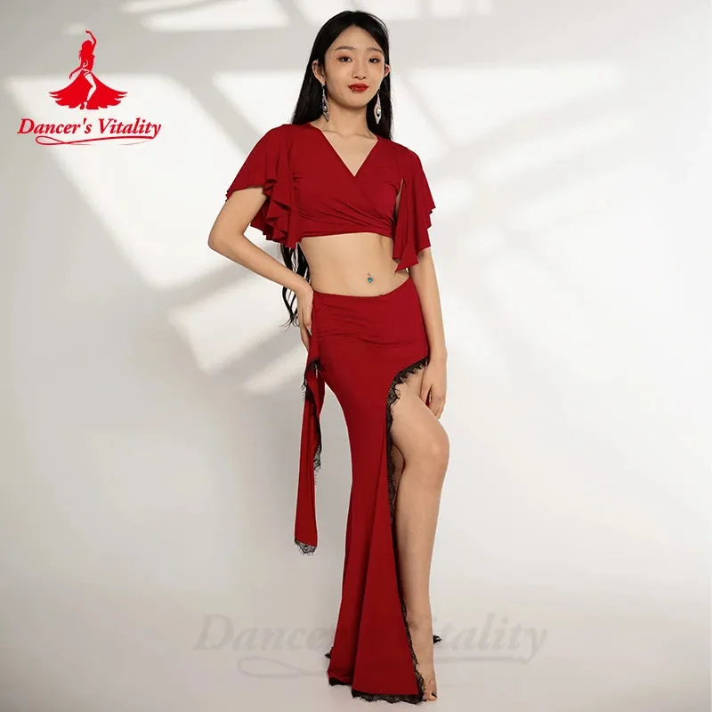 Belly Dancer Costumes for Women Short Sleeves Top lace Edg Long Skirt 2pcs Adult Lady Oriental Belly Dancing Wear Outfit belly dancer outfit belly dance skirt belly dance