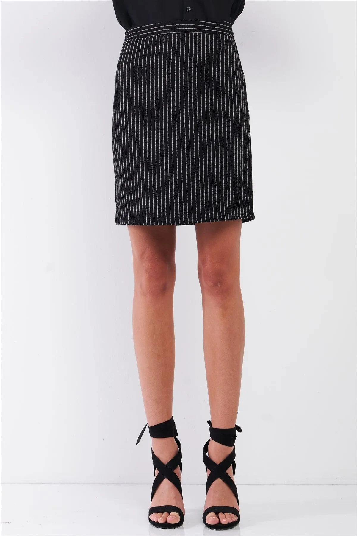 Black & White Striped High-Waisted Pencil Mini Skirt /1-1-2-1