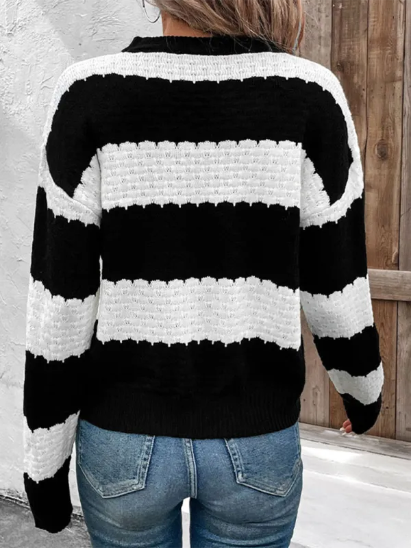 Black and white contrast striped knitted pullover