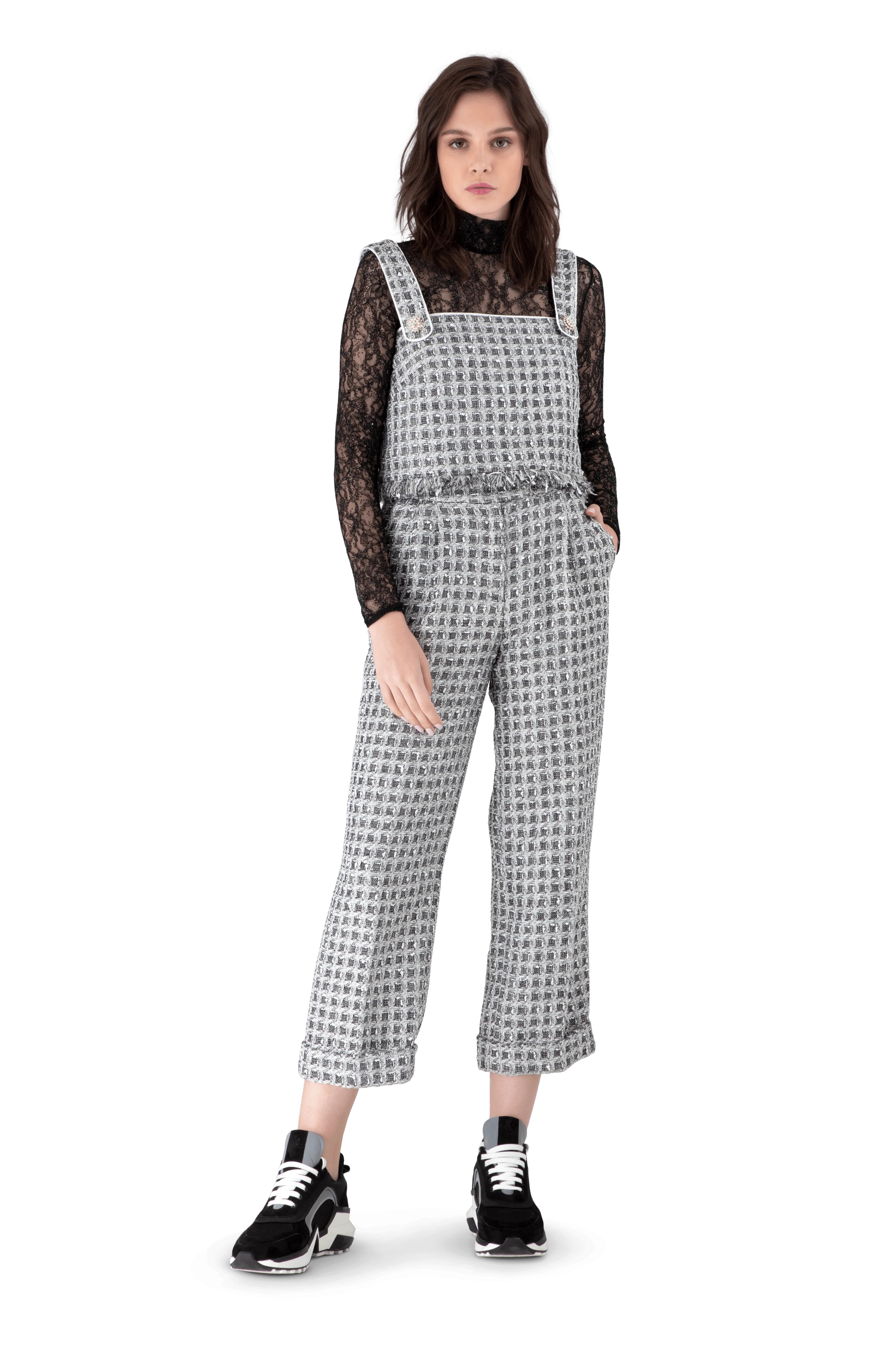 Black And White Tweed Straight Leg Trousers