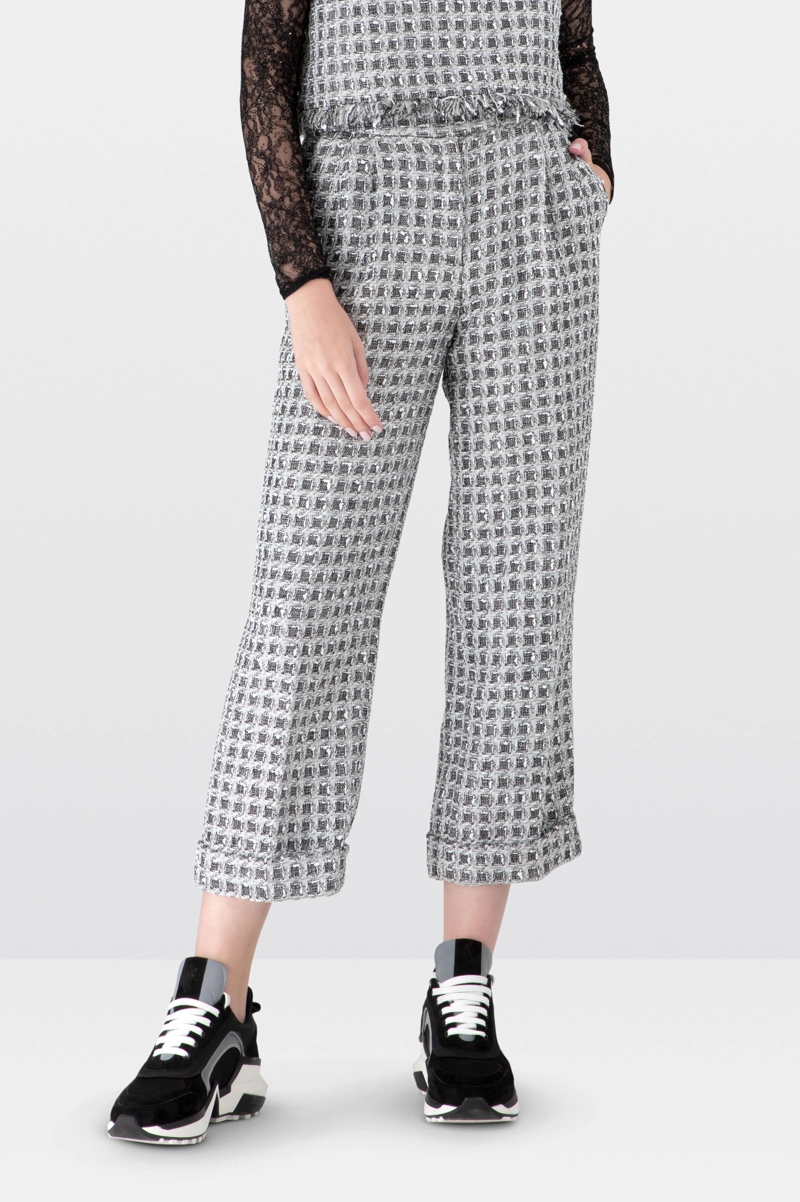 Black And White Tweed Straight Leg Trousers