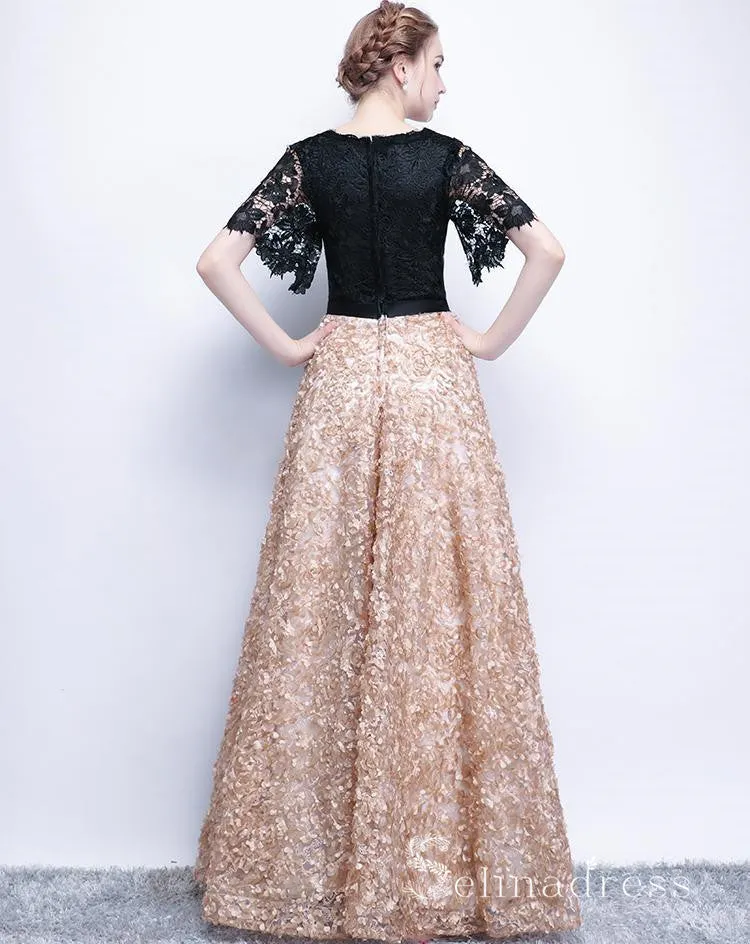 Black Long Prom Dresses A-line Half Sleeve Long Prom Dress Lace Evening Dress SED130