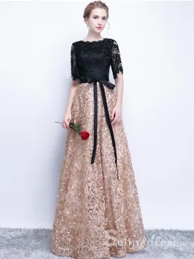 Black Long Prom Dresses A-line Half Sleeve Long Prom Dress Lace Evening Dress SED130