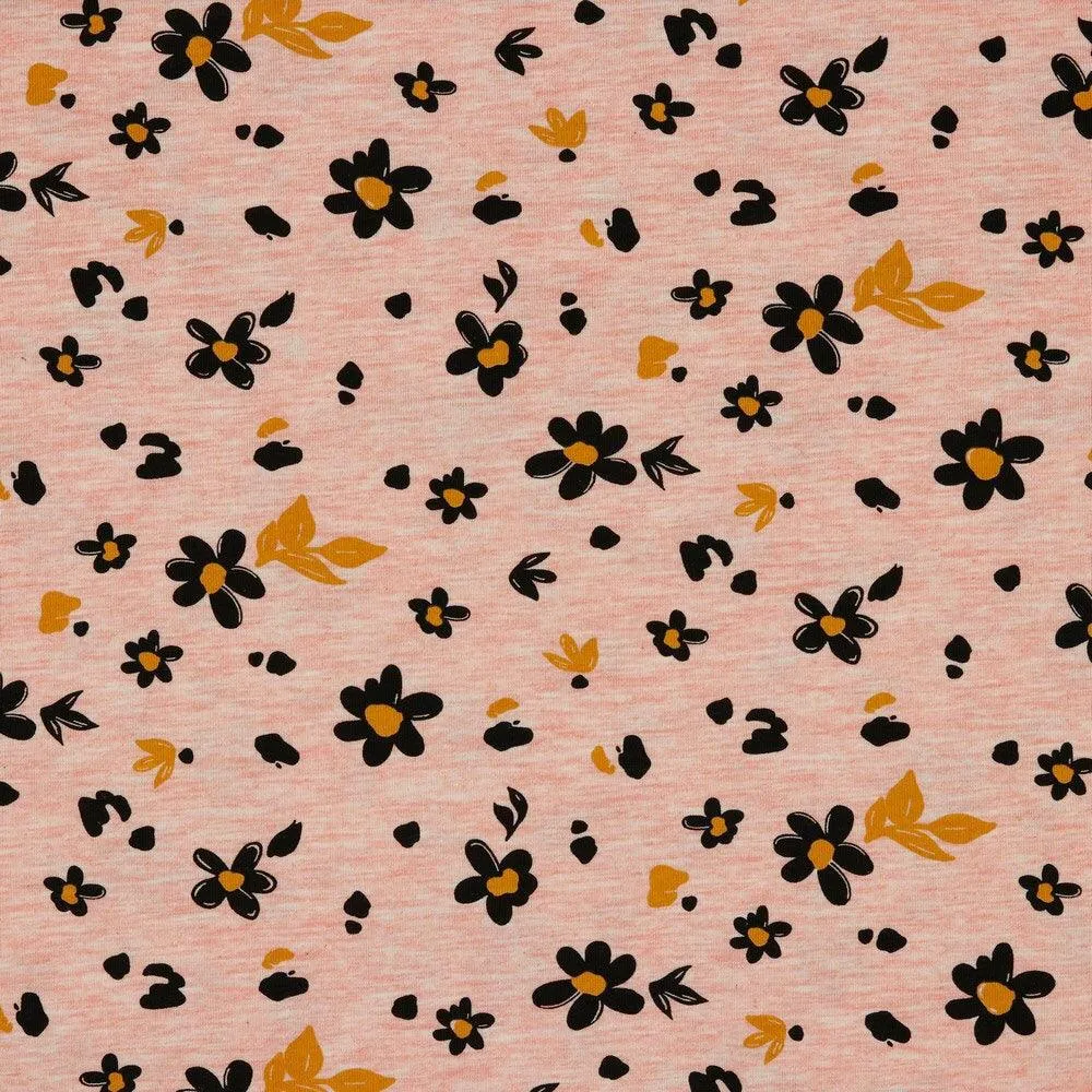 Black Mini Floral Melange Cotton Mix Jersey Fabric