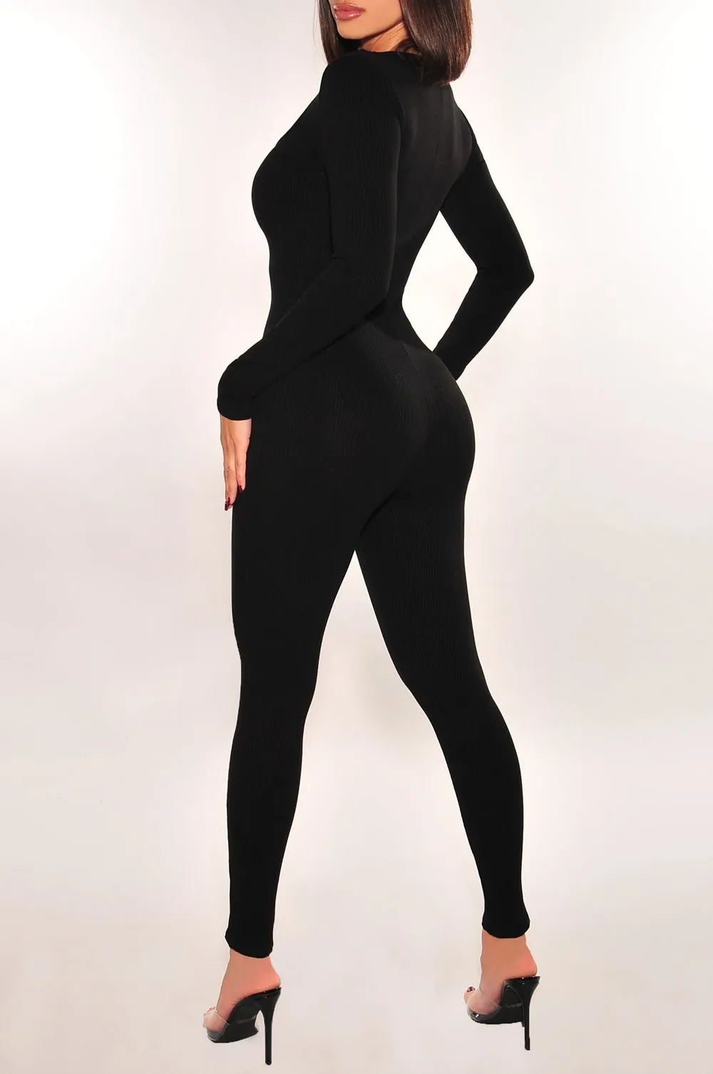 Black Ribbed Long Sleeve Rounded Square Neck Jumpsuit