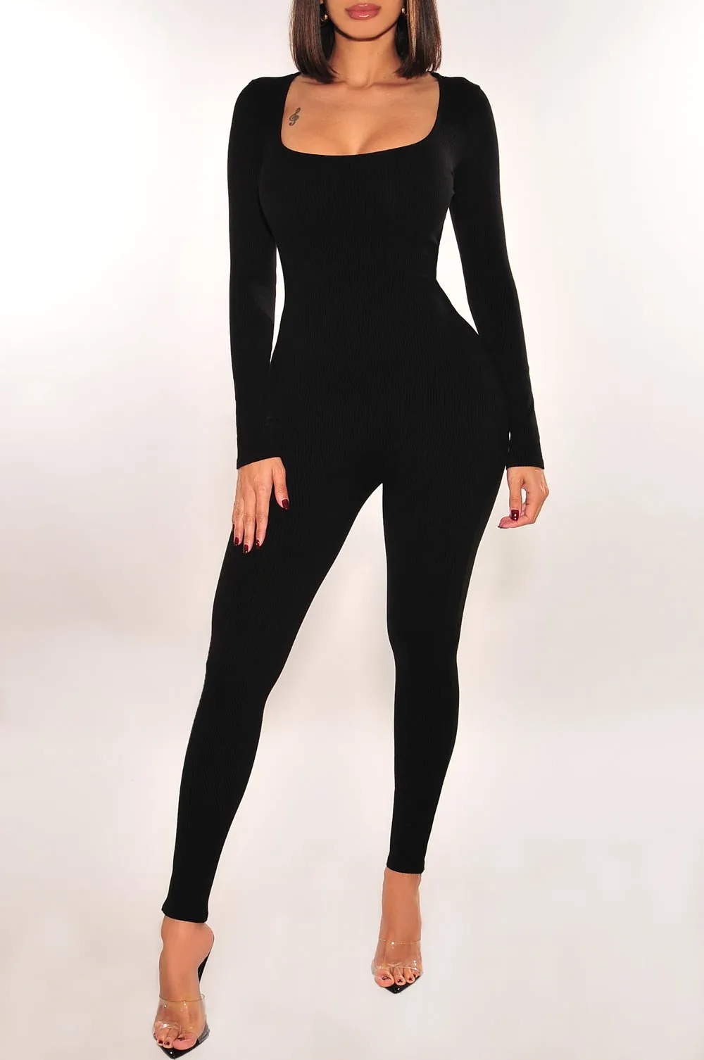 Black Ribbed Long Sleeve Rounded Square Neck Jumpsuit