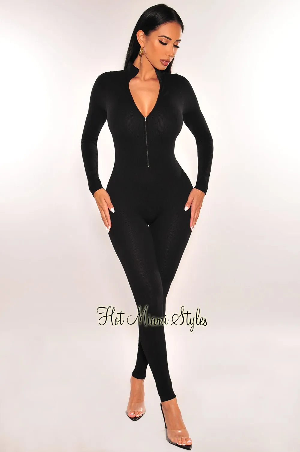 Black Ribbed Mock Neck Long Sleeve Zipper Jumpsuit