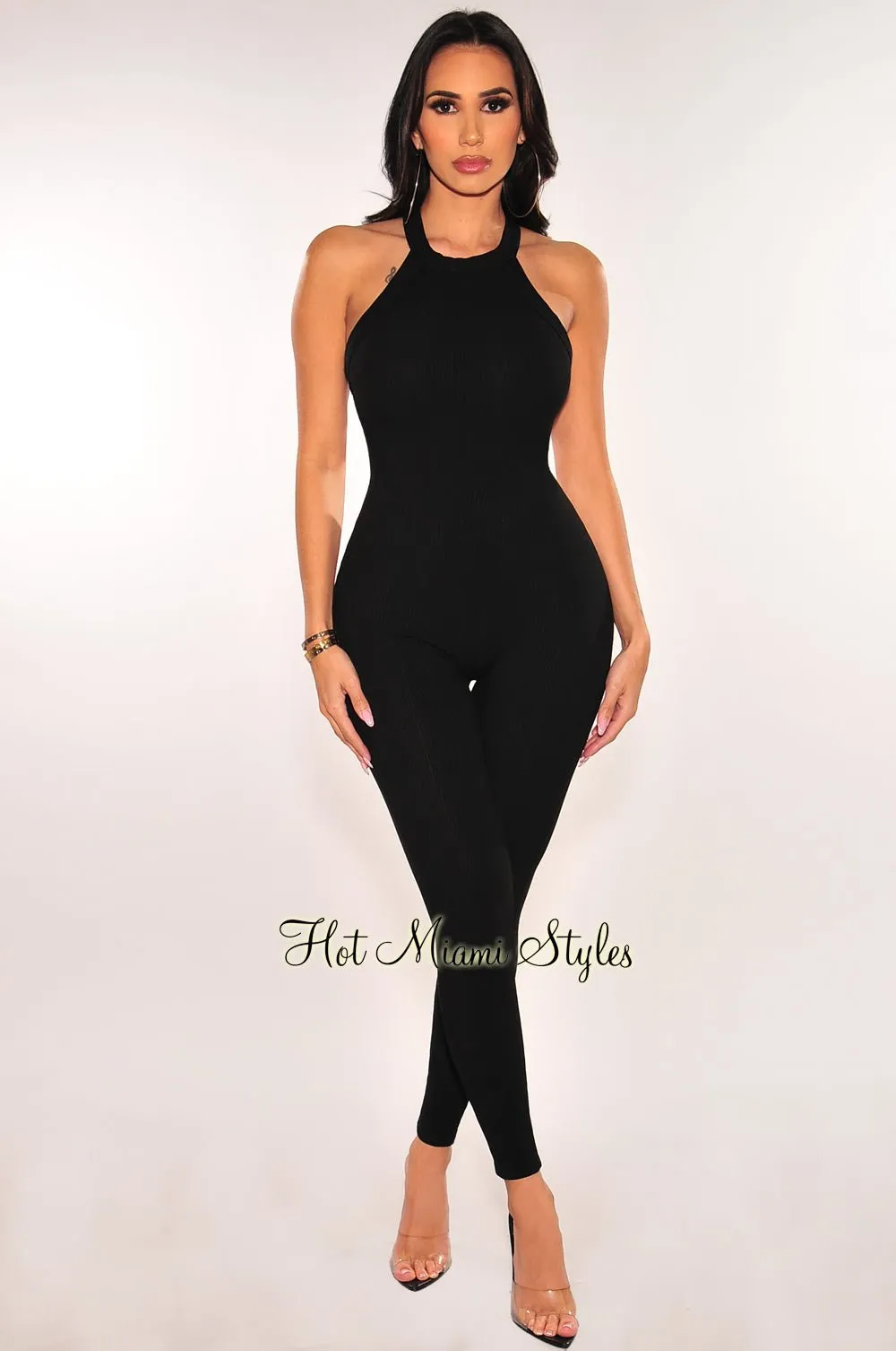 Black Ribbed Sleeveless Criss Cross Back Jumpsuit