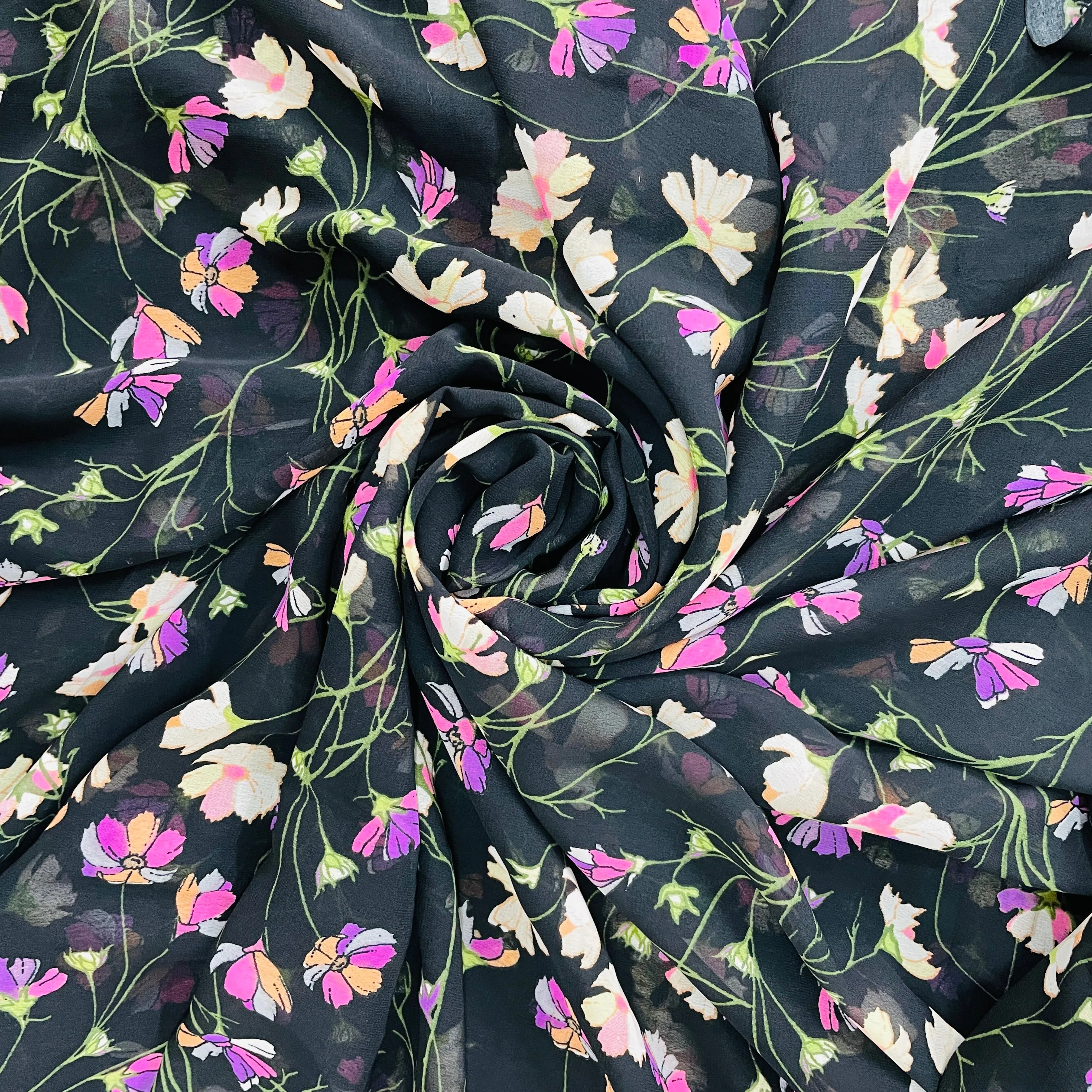 Black With Multicolor Floral Print Georgette Fabric