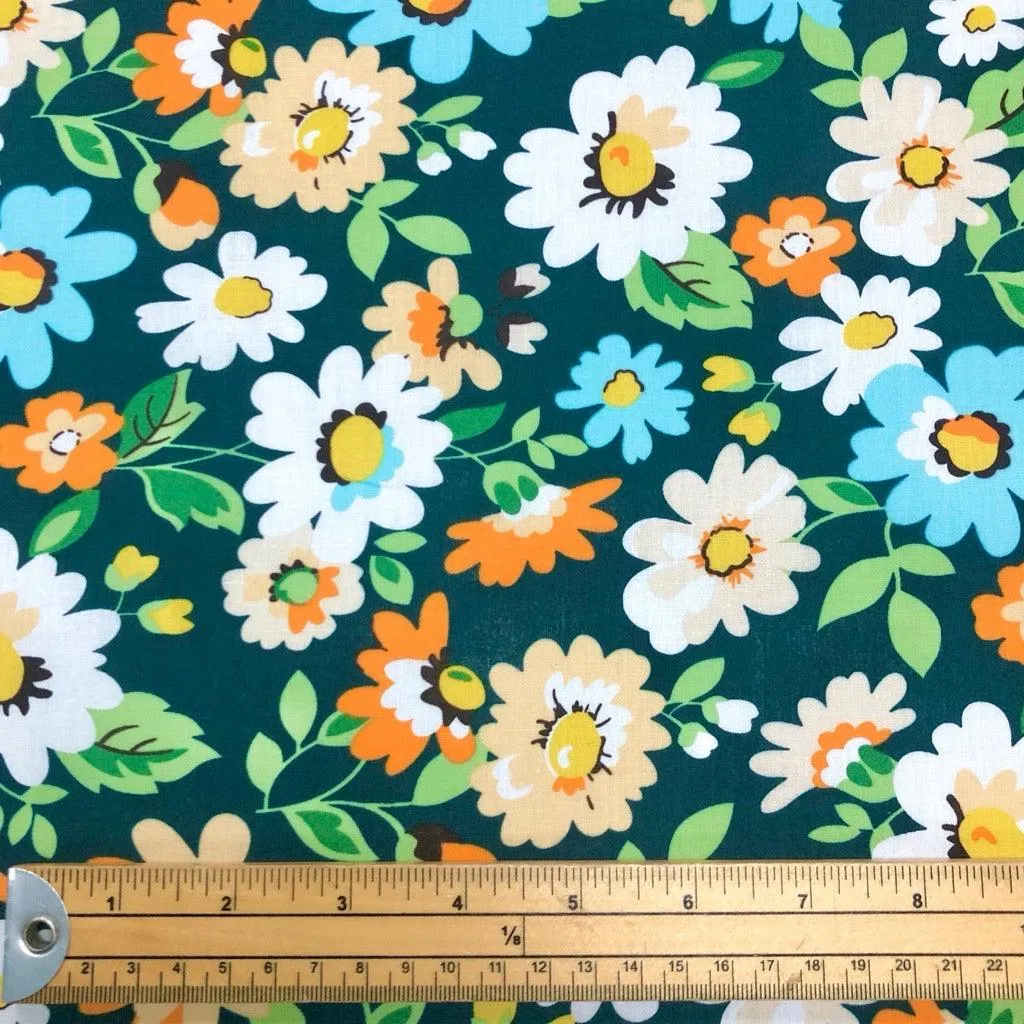 Blue, Orange and White Floral Cotton Poplin Fabric