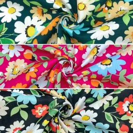 Blue, Orange and White Floral Cotton Poplin Fabric