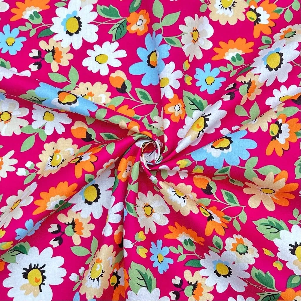 Blue, Orange and White Floral Cotton Poplin Fabric