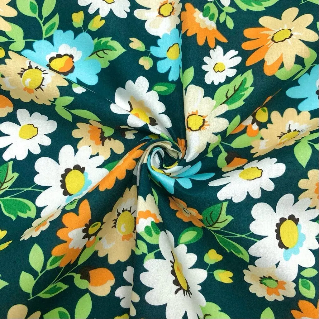 Blue, Orange and White Floral Cotton Poplin Fabric